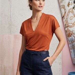 Calvin Klein V-Neck Cap Sleeve Top in Rust Orange